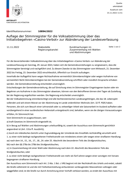 Kundmachung - Auflage der Stimmregister