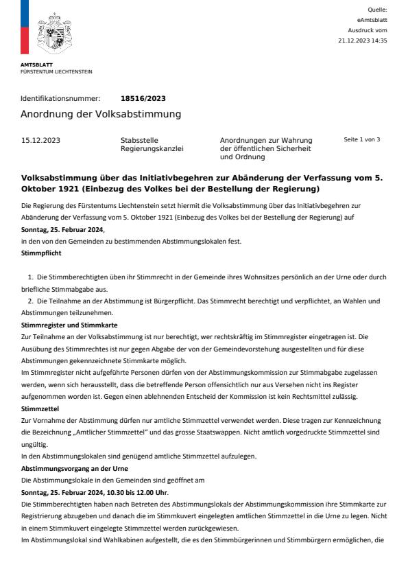 Kundmachung - Anordnung der Volksabstimmung