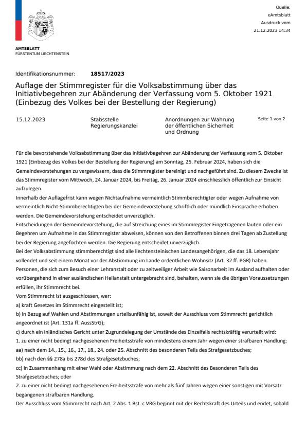 Kundmachung - Auflage der Stimmregister